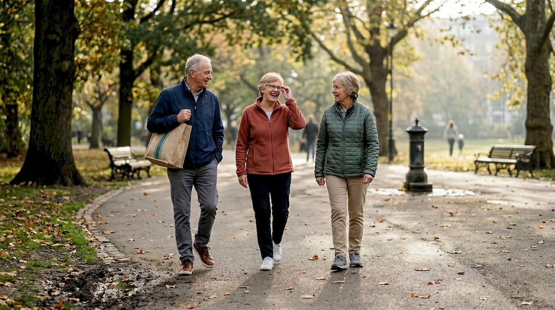Older adults walking together in city park