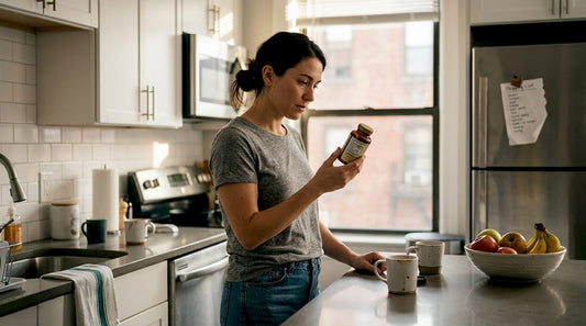 Woman reading supplement label in kitchen
