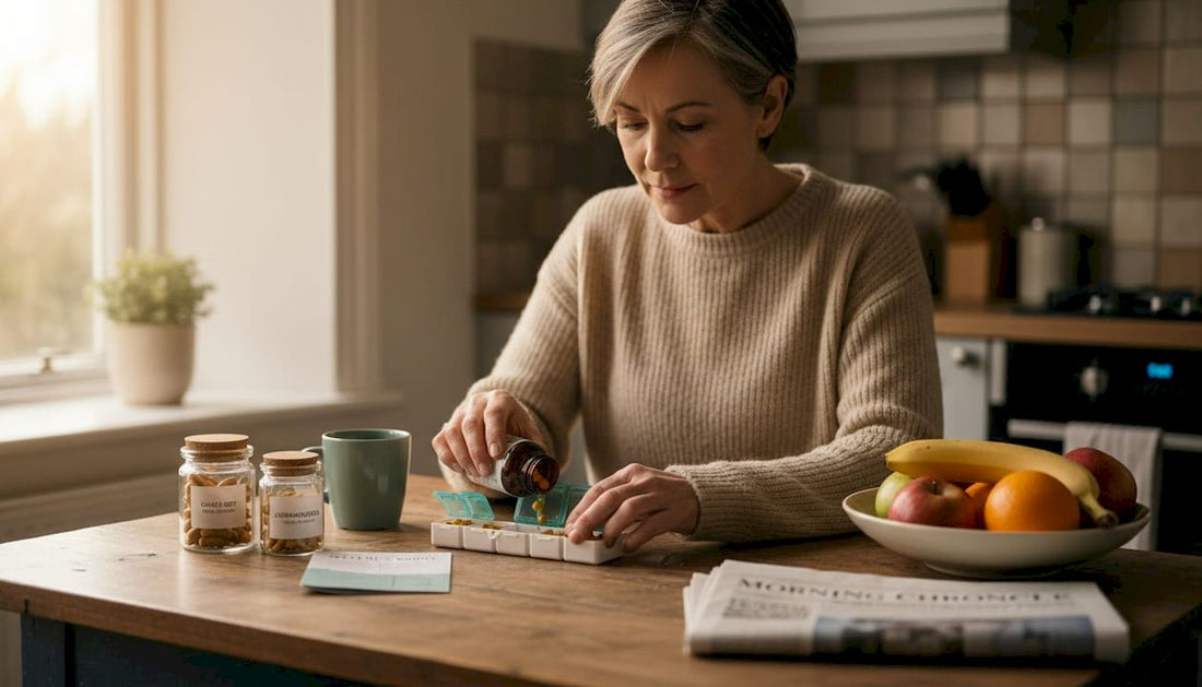 Woman sorting herbal supplements at kitchen table