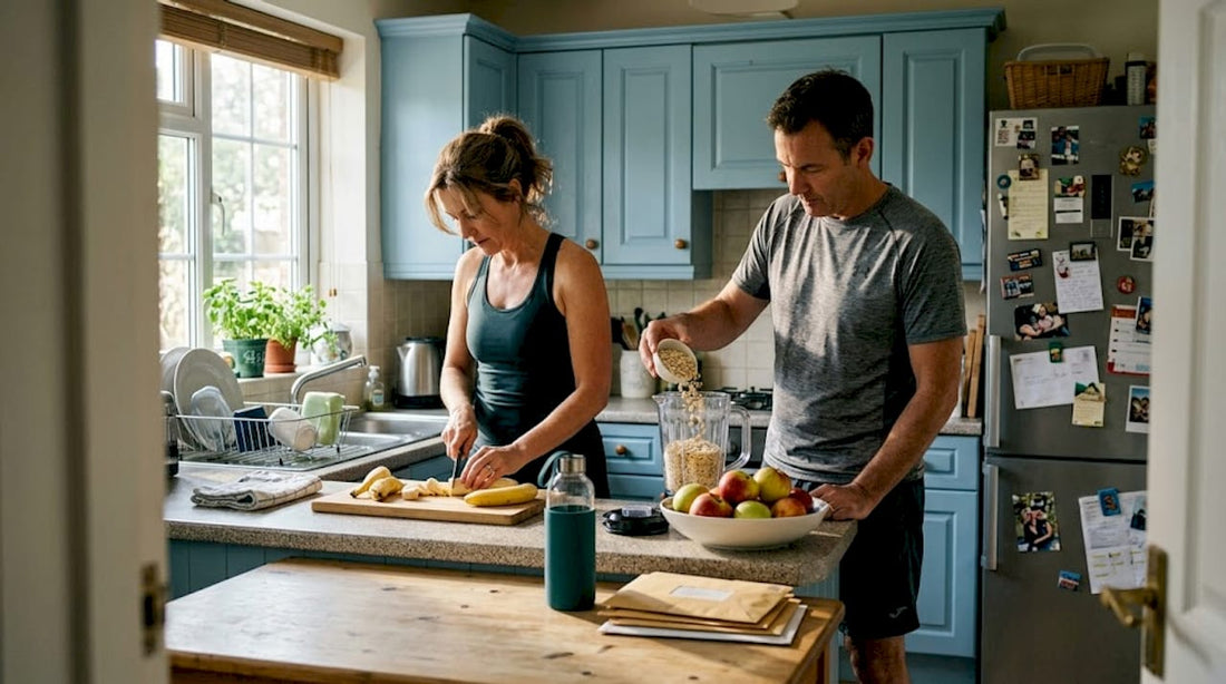 Couple in kitchen making healthy smoothie