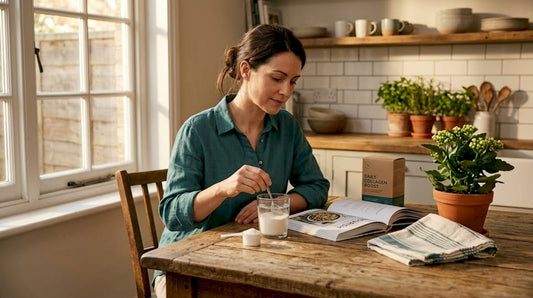Woman mixing collagen powder at kitchen table