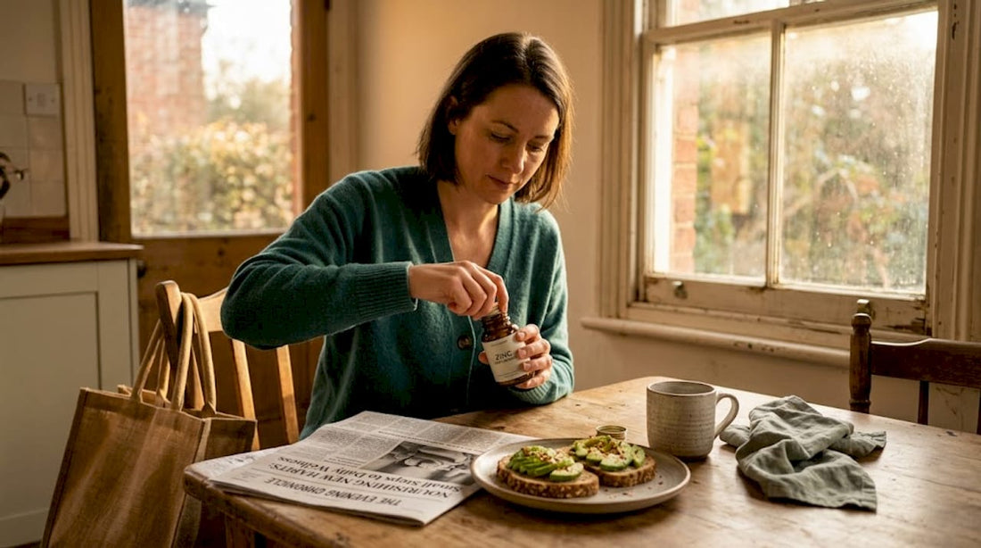 Woman adding zinc supplement to breakfast routine