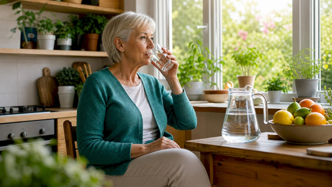 Senior woman drinking water at home