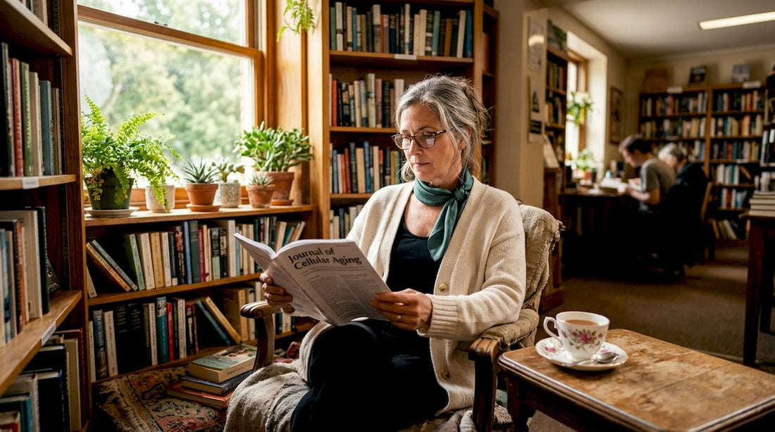 Mature woman reading aging research at home