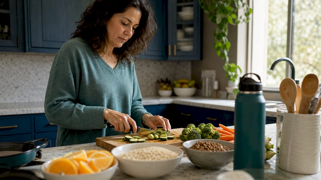 Woman preparing balanced meal in home kitchen