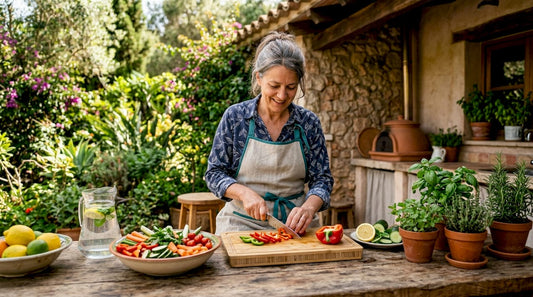 Woman preparing healthy balanced meal in kitchen