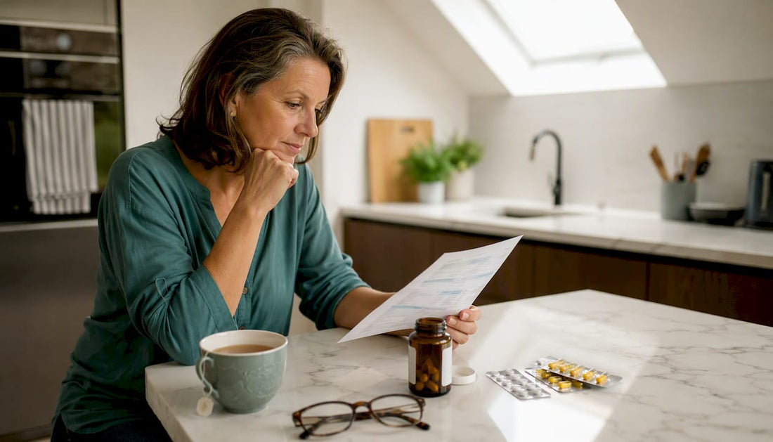 Woman reviewing supplements and blood test results