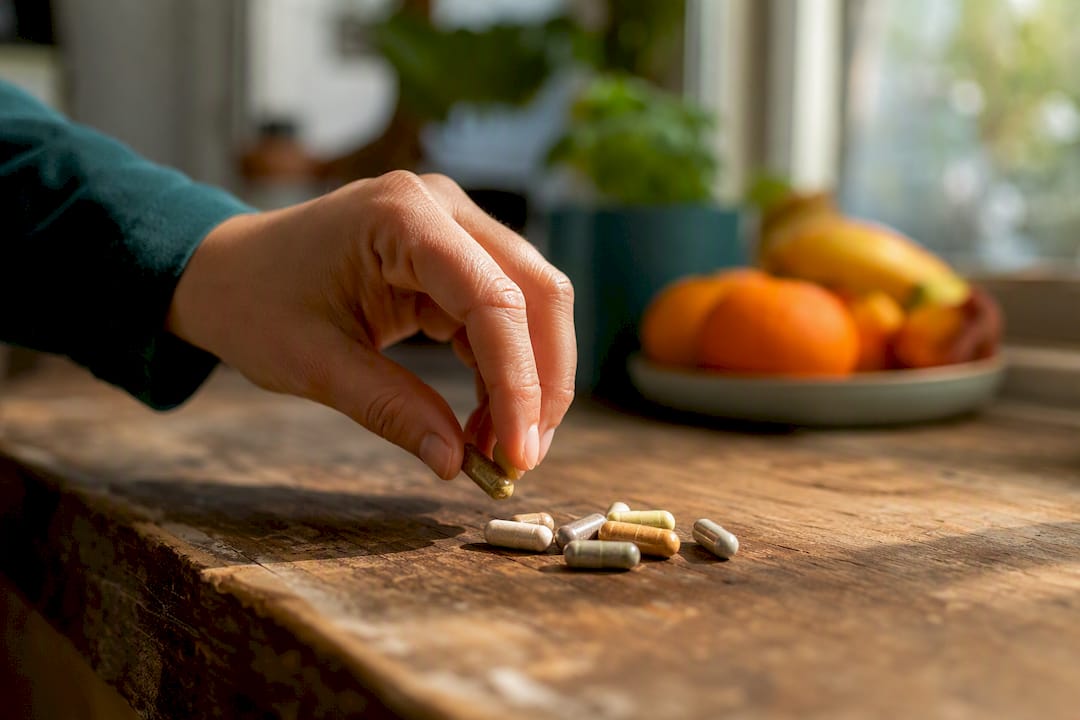 Hand pouring dietary supplement capsules on wood table