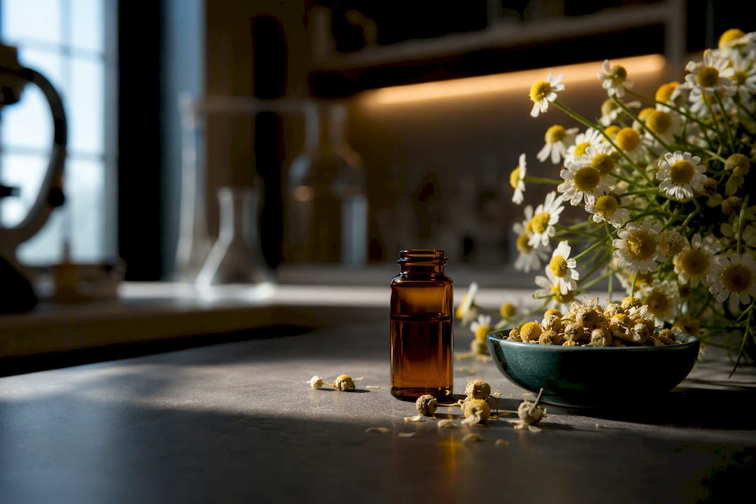 Chamomile flowers beside an extract vial