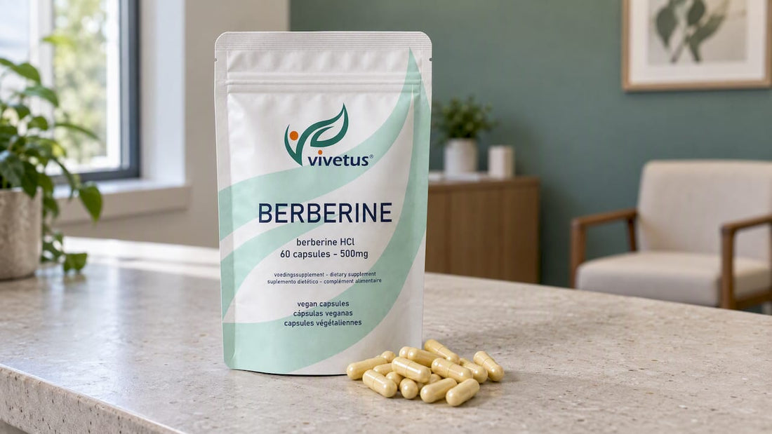 Vivetus berberine pack on a consultation room shelf